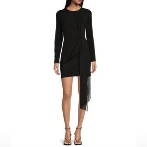 NWT‎ Belle Badgley Mischka Harley Black Crepe Crew Neck Long Sleeve Fringe Dress
